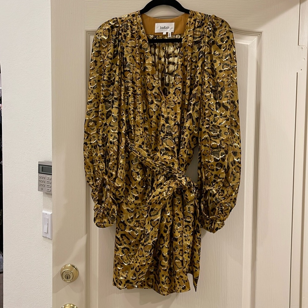 Ba&sh dress with attached belt,tiger pattern,gold, black and camel color,size L